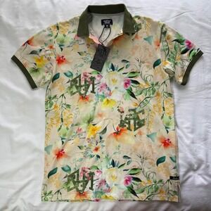 Hustle Gang Mens Floral Graphic Polo Shirt Cream Green Size M NWT